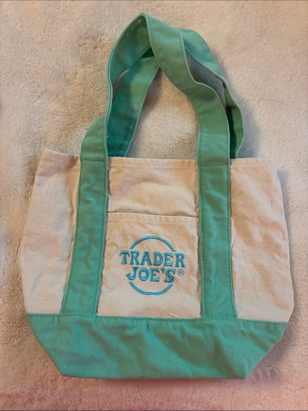 Trader Joe's Mini Pastel Canvas Tote Bag Teal Mint Green Like New Freshly Washed